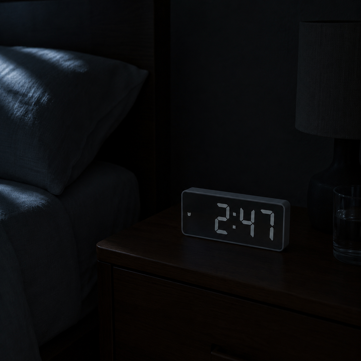 The display dimmed down in a dark bedroom at night, showing 2:47 without lighting the room