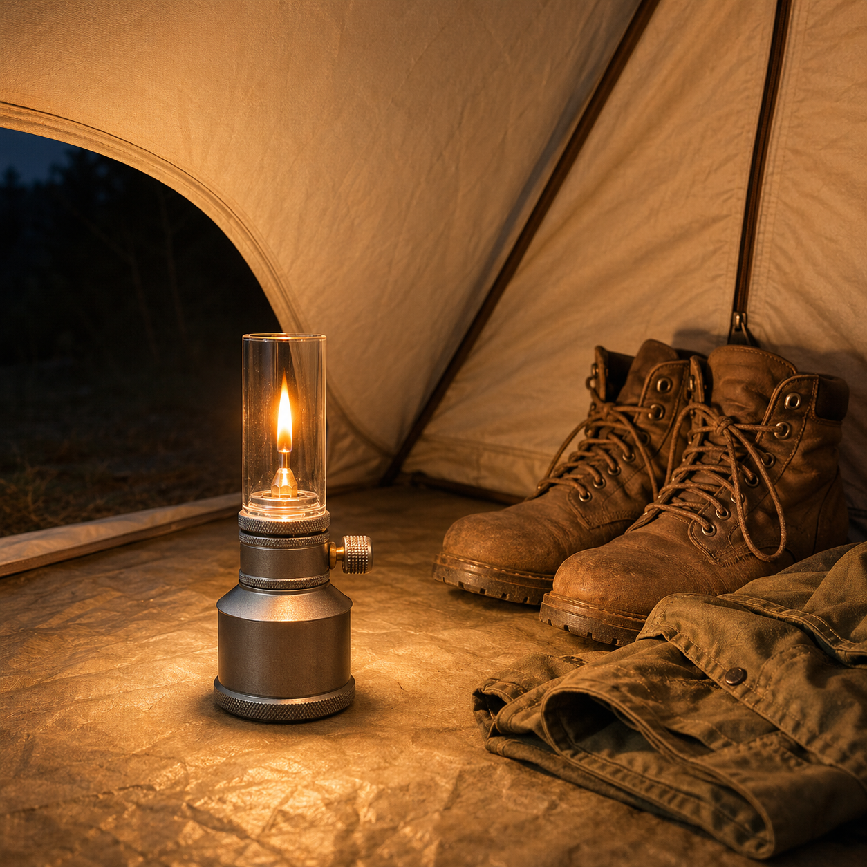 The lit lantern standing on the groundsheet inside a pale canvas tent porch at night, its flame the only light in the frame, lighting a pair of boots and a folded jacket