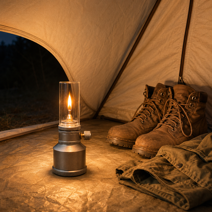 The lit lantern standing on the groundsheet inside a pale canvas tent porch at night, its flame the only light in the frame, lighting a pair of boots and a folded jacket