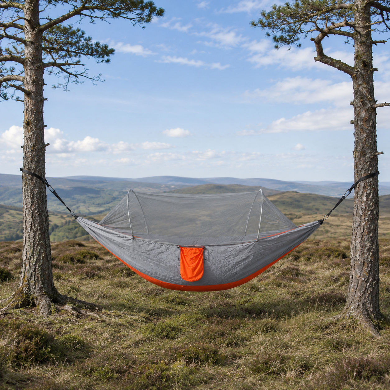 Orange ultralight camping hammock, grey with orange trim, on a hillside clearing
