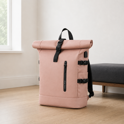 Pink roll top backpack in a white bedroom corner beside an oak and charcoal bench