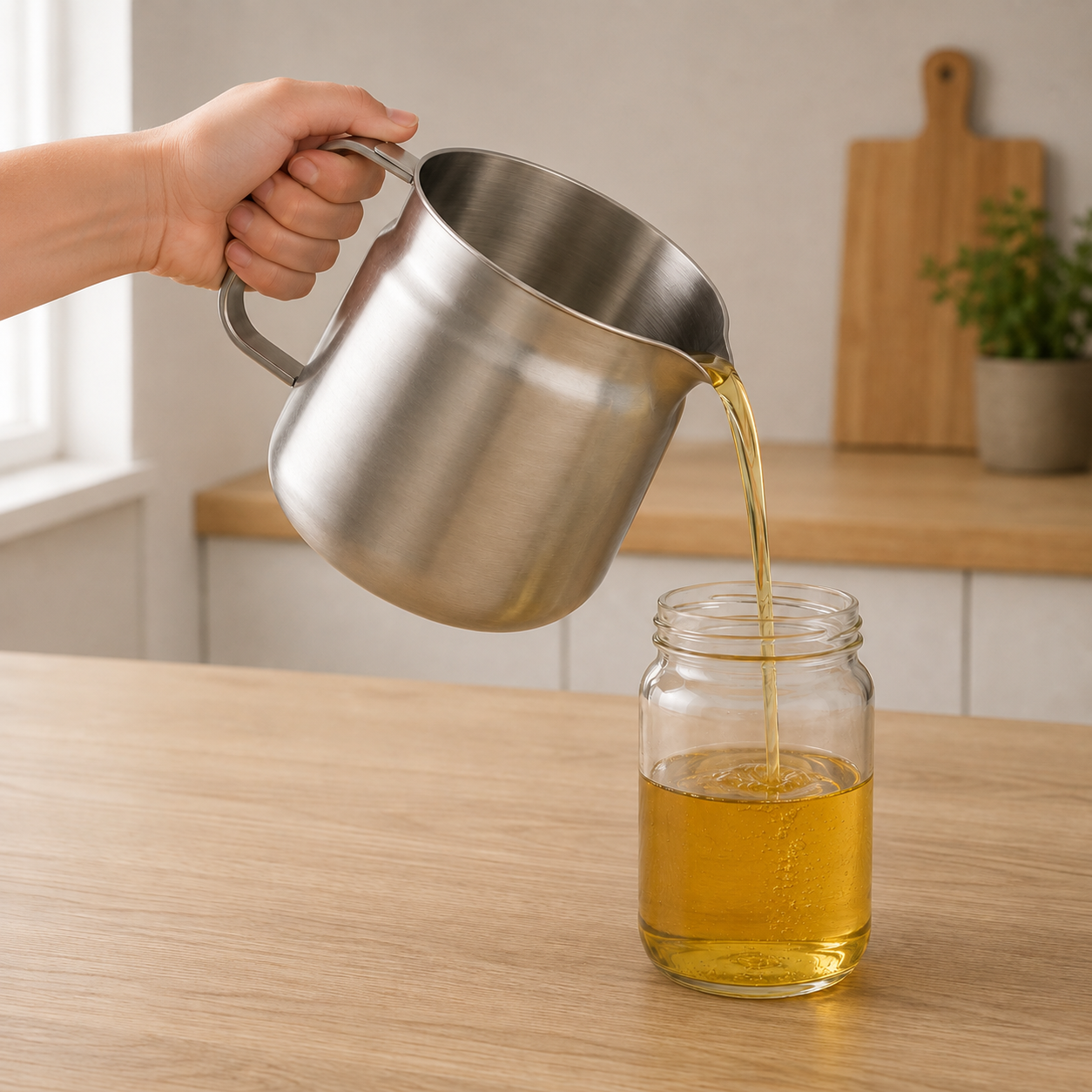 A hand holds the pot by its flat steel handle and pours filtered oil from the spout into a glass storage jar