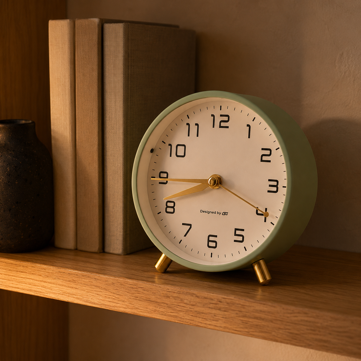 Sage green analog alarm clock on an oak shelf in warm evening lamp light beside books
