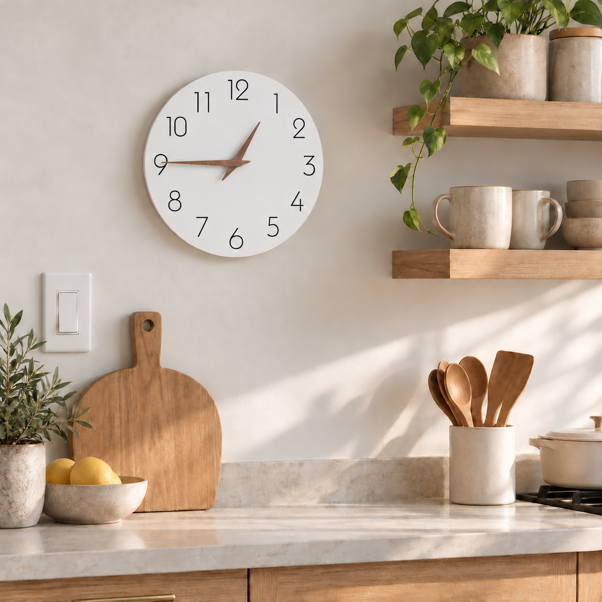 A white wall clock with wooden hands on a kitchen wall beside an oak shelf of stoneware mugs