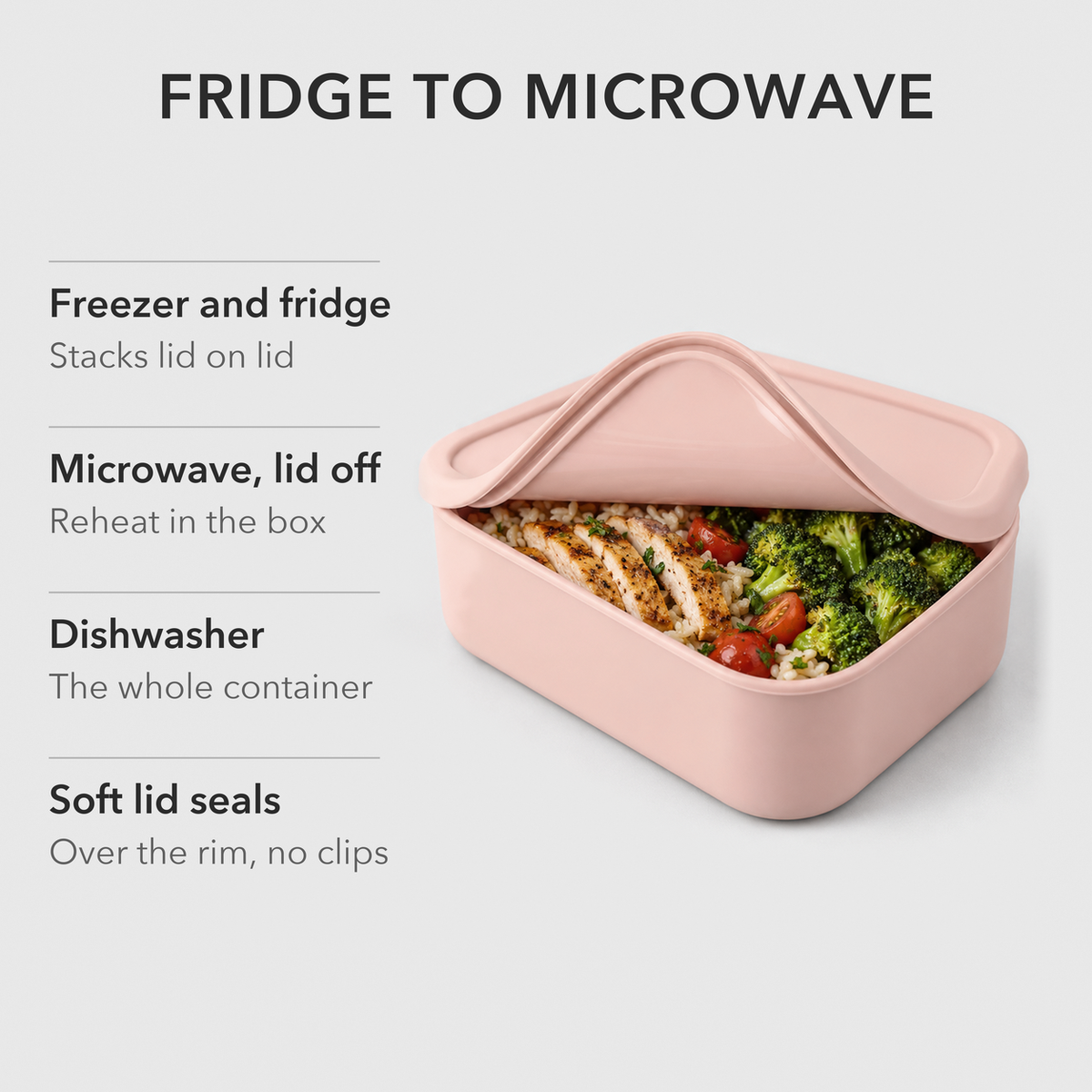 Pink silicone container of rice, chicken and broccoli with its lid peeled back, listed as freezer, microwave and dishwasher safe
