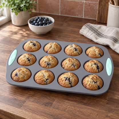 Twelve golden muffins baked in a gray silicone muffin pan on a walnut counter