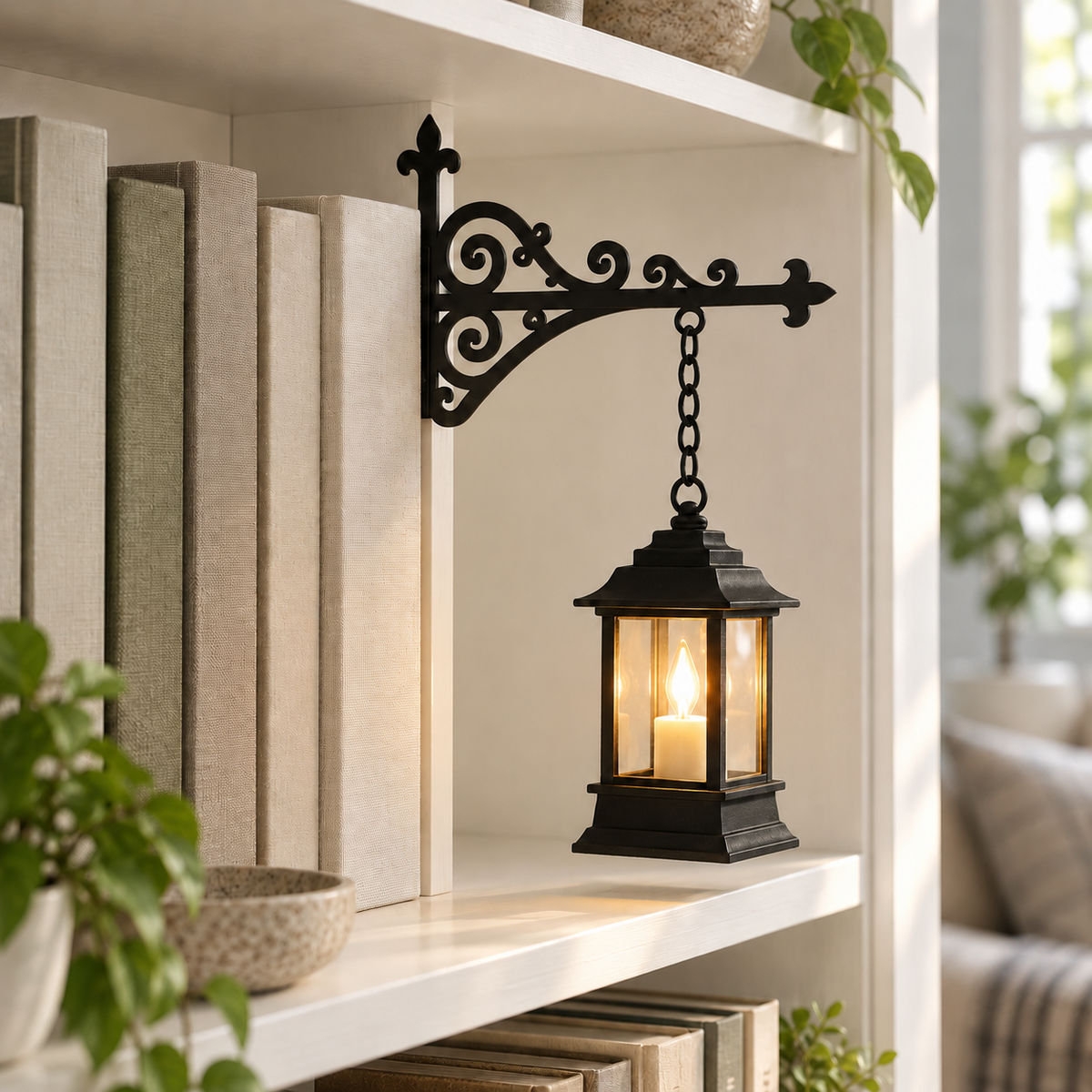 Square Lantern pendant with clear glass panes glowing amber, on the black bracket on a white painted bookcase shelf