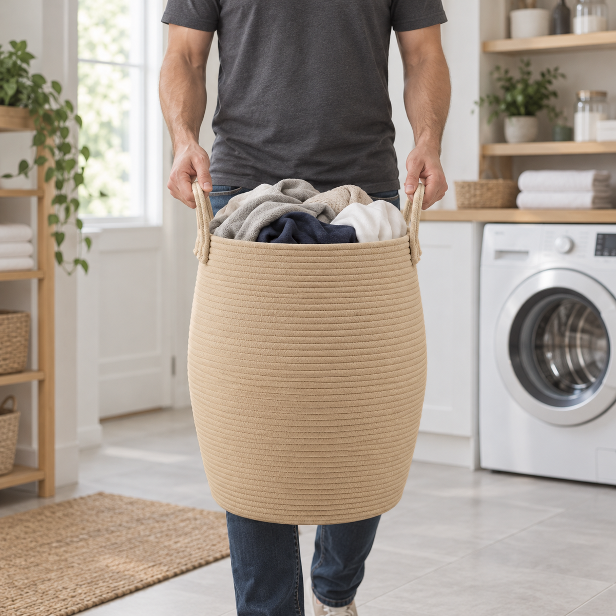 A man carrying a tan rope laundry hamper full of clothes by its two handles.