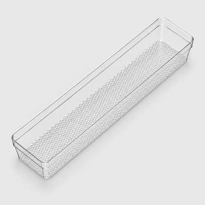 Clear drawer organizer tray, 12.5 x 3 inches, empty on a light grey background