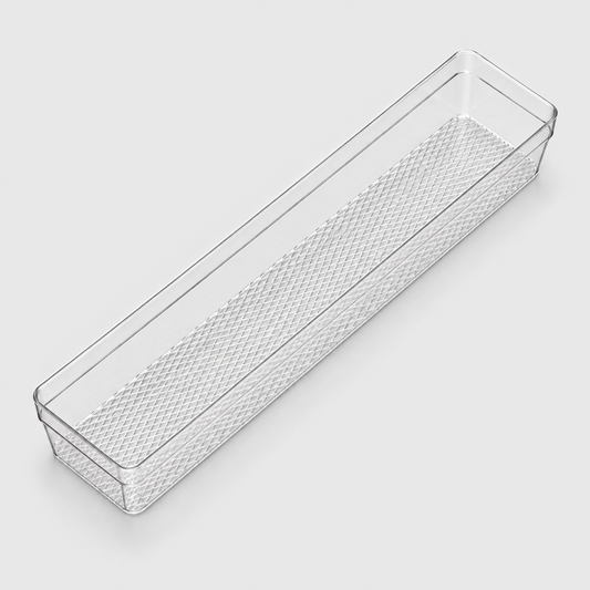 Clear drawer organizer tray, 12.5 x 3 inches, empty on a light grey background