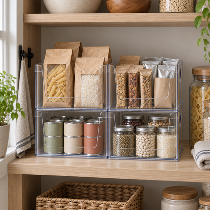 Four clear open-front pantry bins stacked two by two on a pantry shelf, holding cans, jars, pasta and snacks