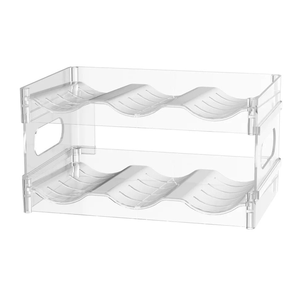 A clear two-tier stackable bottle rack with three curved cradles on each tier, shown empty on a white background.