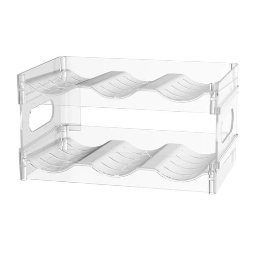 A clear two-tier stackable bottle rack with three curved cradles on each tier, shown empty on a white background.