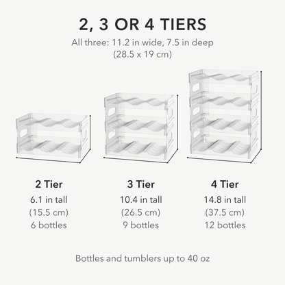 Three clear bottle racks side by side in two, three and four tiers, labeled with their heights and how many bottles each holds.