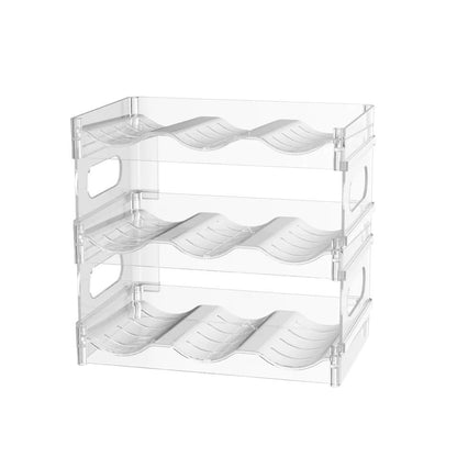A clear three-tier stackable bottle rack with three curved cradles on each tier, shown empty on a white background.