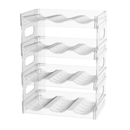 A clear four-tier stackable bottle rack with three curved cradles on each tier, shown empty on a white background.