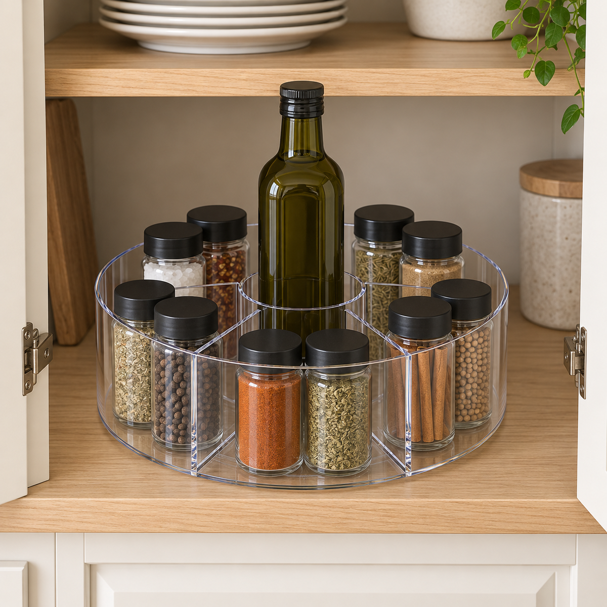 A clear divided lazy Susan in an open kitchen cabinet, holding spice jars in five sections and a bottle of olive oil in the center cup.
