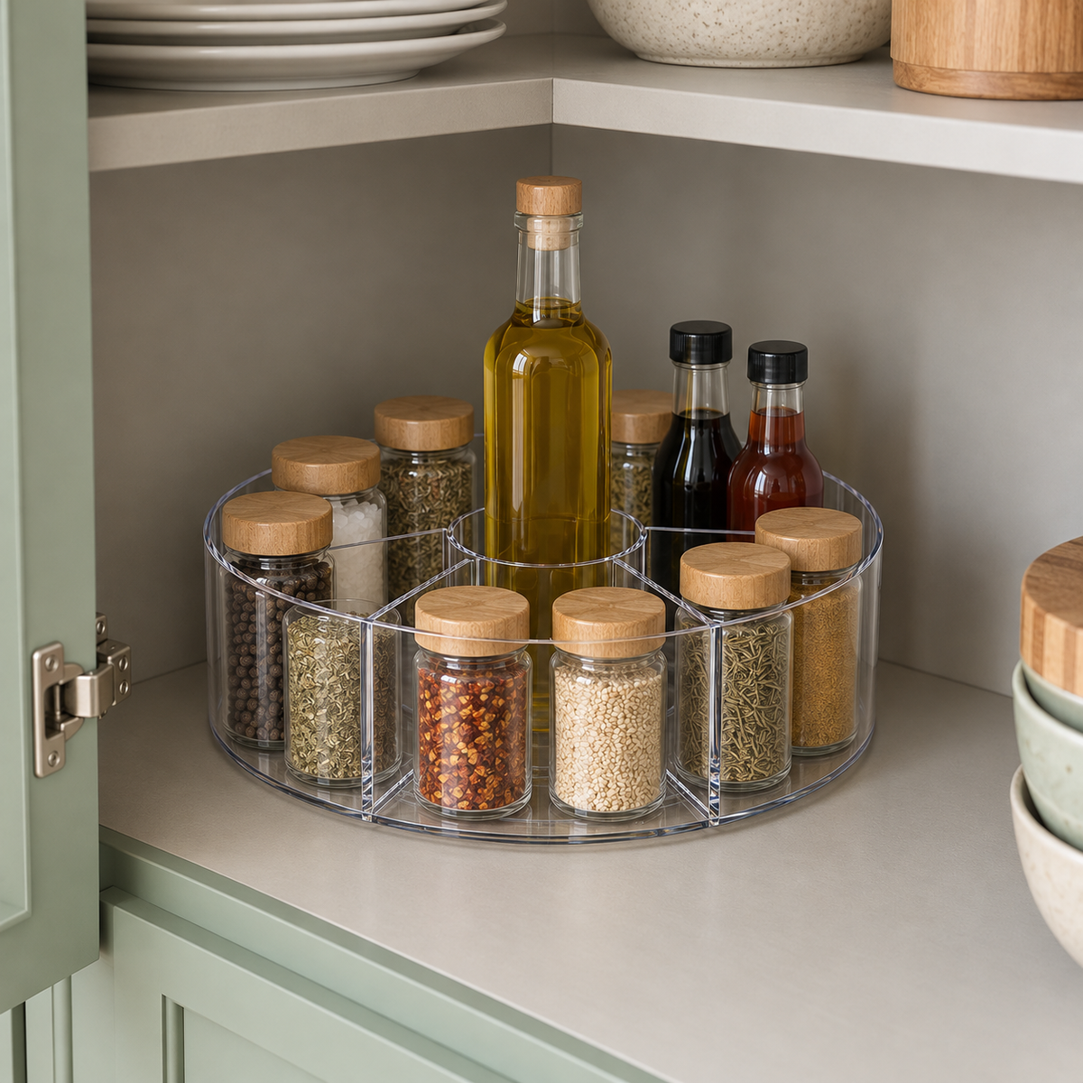 A clear divided lazy Susan of spices and sauces at the back corner of a deep kitchen cabinet.