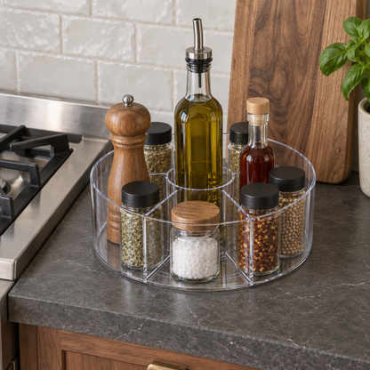 A clear divided lazy Susan of oils, vinegar, salt and pepper on a counter beside the stove.