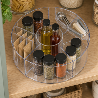A clear divided lazy Susan on a pantry shelf with a grid insert holding seasoning packets and a curved tray holding small items.