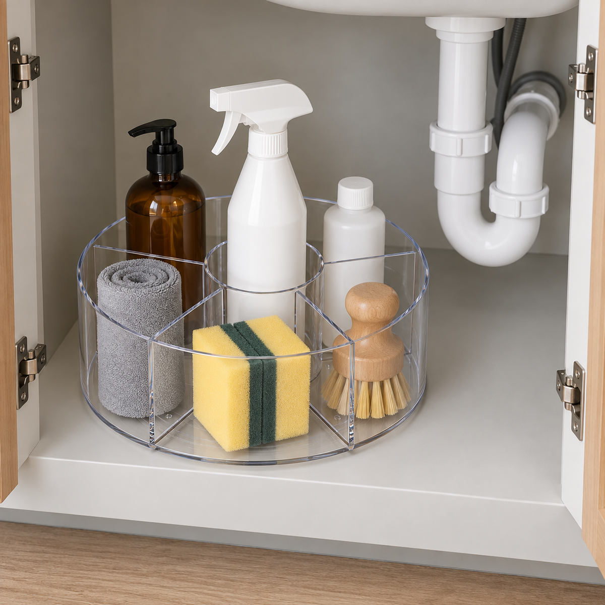 A clear divided lazy Susan of cleaning sprays, sponges and cloths under a kitchen sink.
