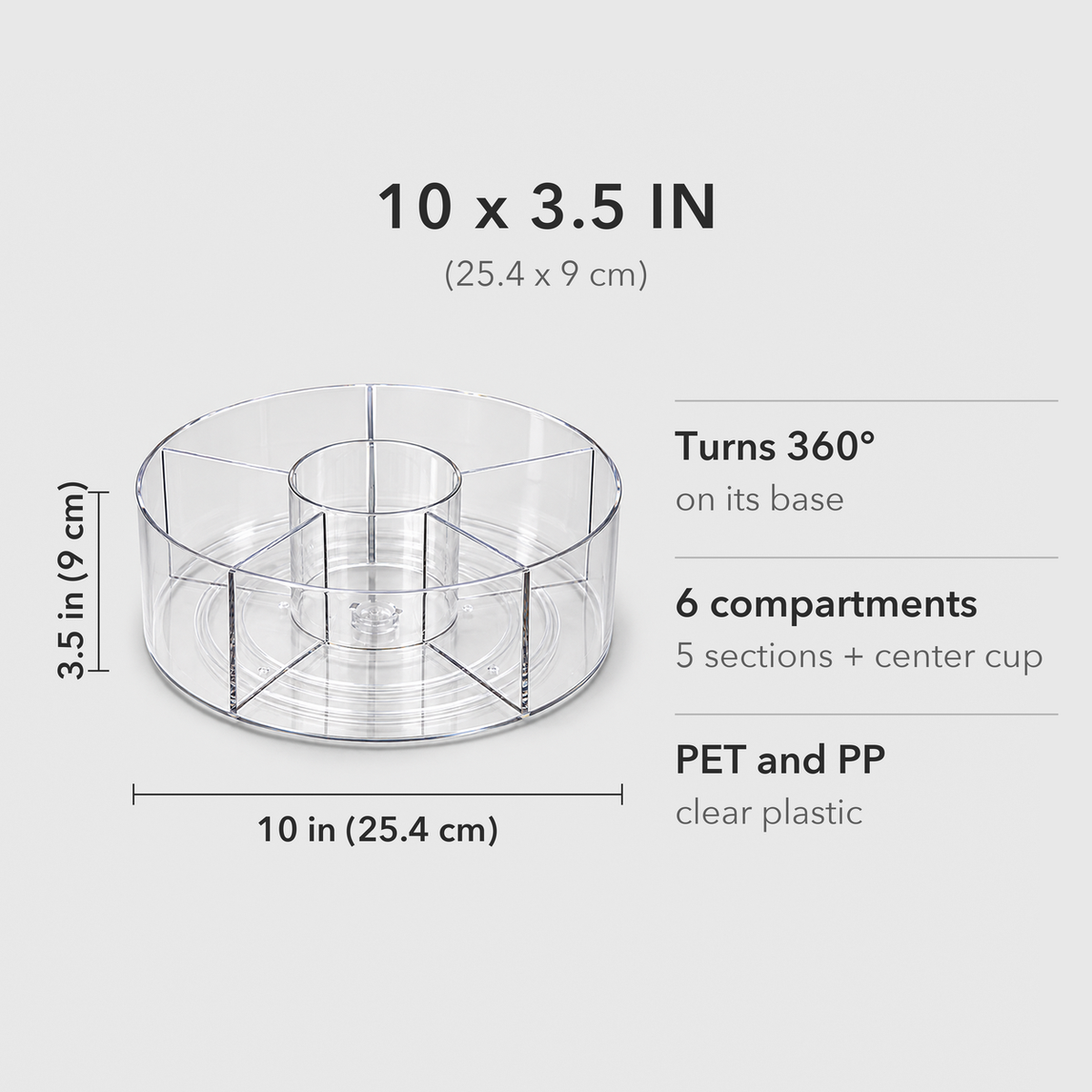 Dimension card: the divided lazy Susan is 10 inches across and 3.5 inches tall, with six compartments.