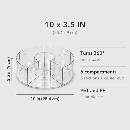 Dimension card: the divided lazy Susan is 10 inches across and 3.5 inches tall, with six compartments.
