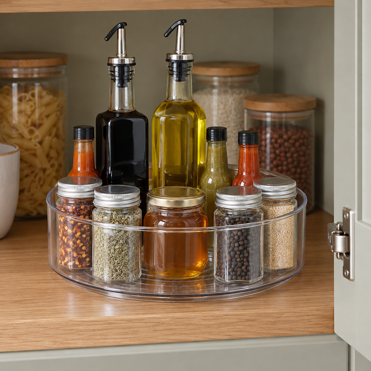 A clear lazy Susan turntable holding oil, vinegar, hot sauces and spice jars at the front of an open kitchen cabinet shelf.