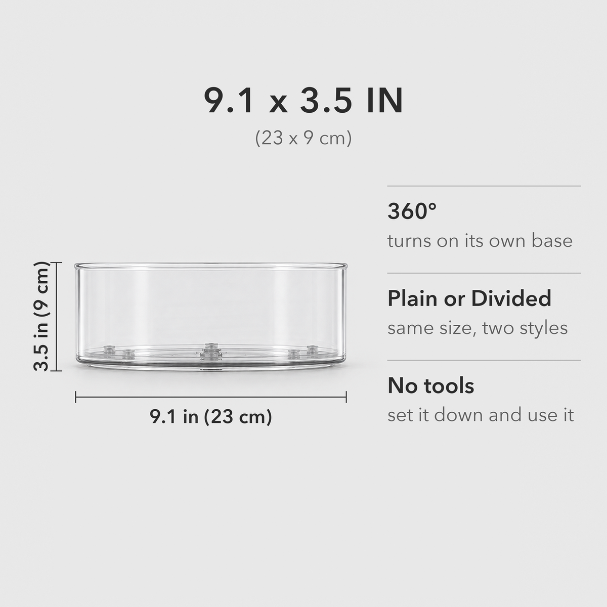 Dimensions card: the turntable is 9.1 inches across and 3.5 inches tall, turns 360 degrees and comes plain or divided.
