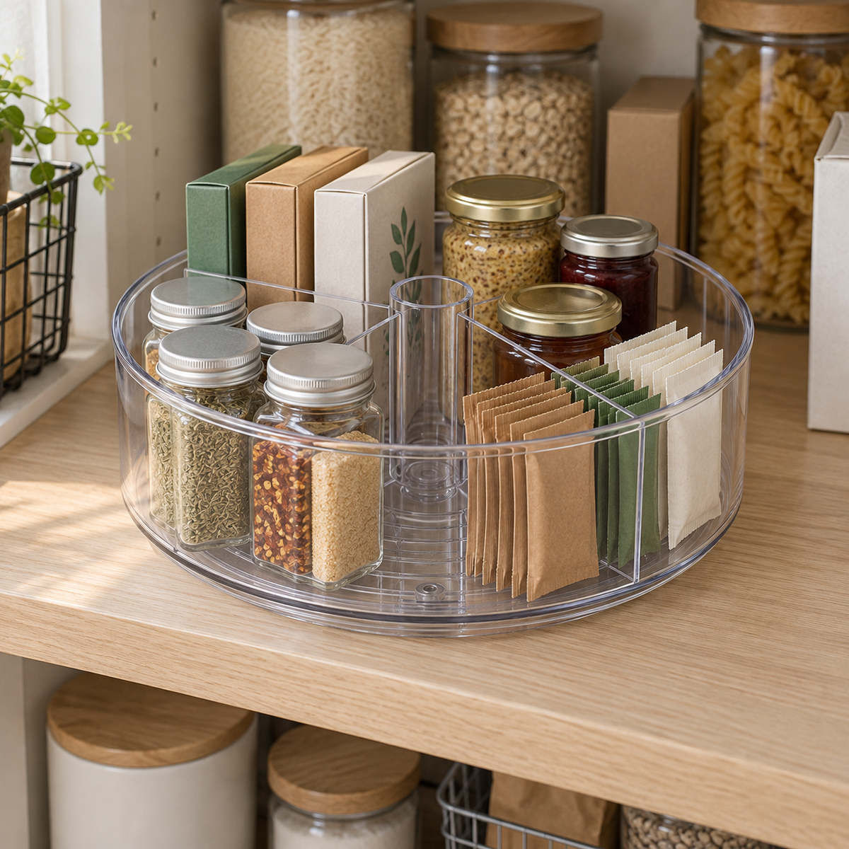 A divided clear lazy Susan on a pantry shelf, with spice jars, seasoning packets, jars and tea boxes in its four sections.