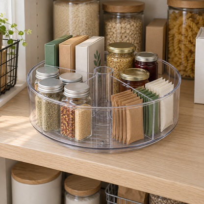 A divided clear lazy Susan on a pantry shelf, with spice jars, seasoning packets, jars and tea boxes in its four sections.