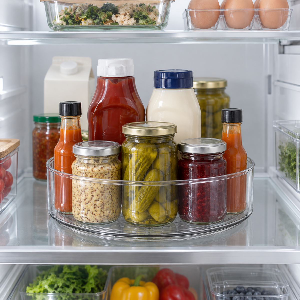 A clear lazy Susan turntable holding mustard, jam, pickles and sauces on a refrigerator shelf.