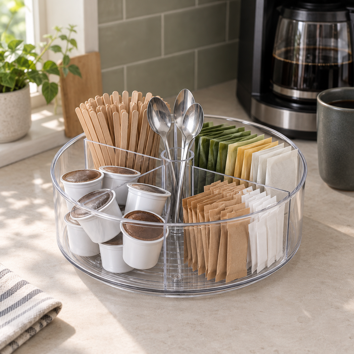 A divided clear lazy Susan beside a coffee maker, holding coffee pods, tea bags, sugar sachets and stirrers in four sections.