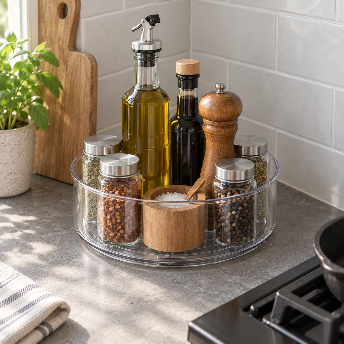 A clear lazy Susan turntable on a kitchen counter beside the hob, holding olive oil, vinegar, a pepper mill and spice jars.