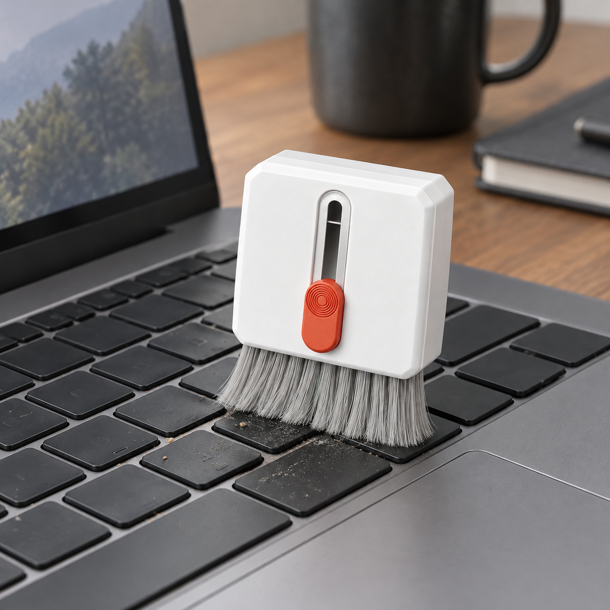 A white keyboard cleaning brush with its gray bristles out, standing in the keys of a dark laptop on a wooden desk.