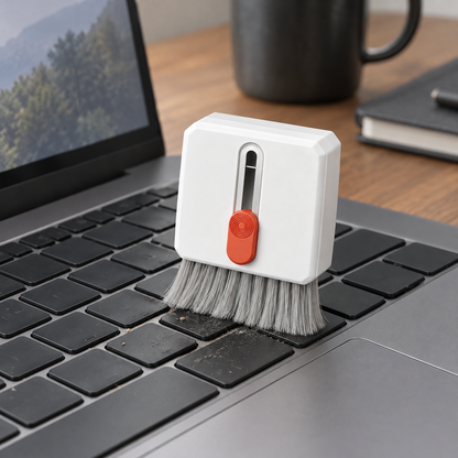 A white keyboard cleaning brush with its gray bristles out, standing in the keys of a dark laptop on a wooden desk.
