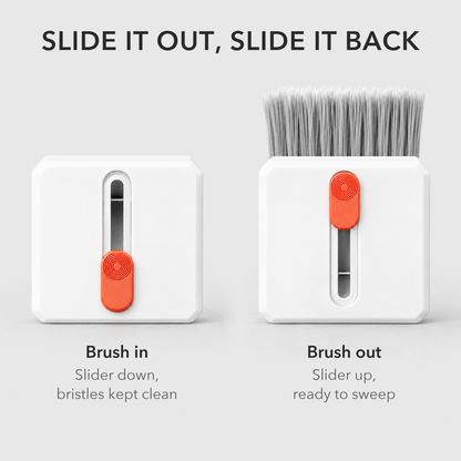 Two views of the cleaning brush: bristles hidden inside with the slider down, and bristles out with the slider pushed up.
