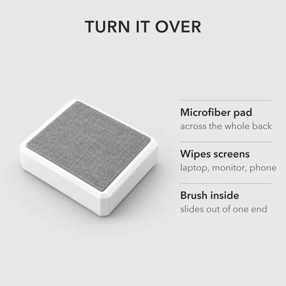 The back of the cleaning brush, a gray microfiber pad for wiping laptop and phone screens.