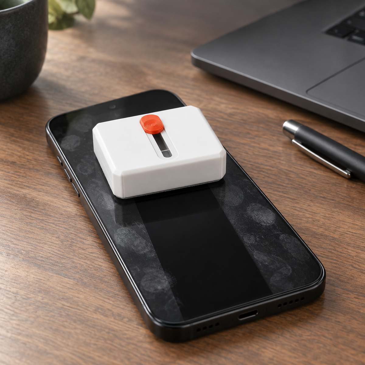 The cleaning brush resting pad-down on a phone, a clean streak wiped through fingerprints on the screen.