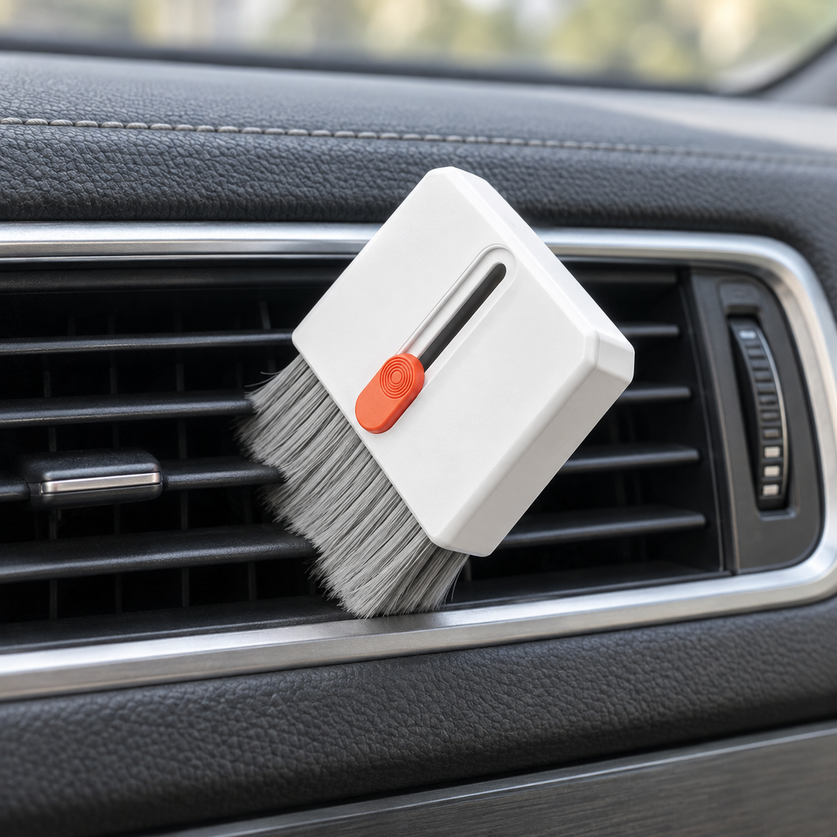 The cleaning brush with its bristles in the slats of a car dashboard air vent.