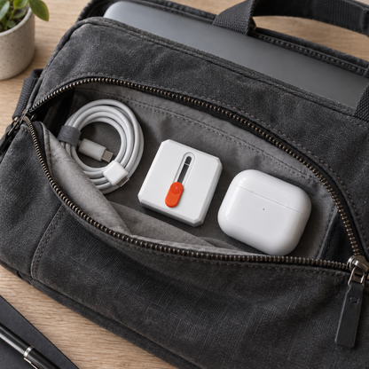 The cleaning brush with its bristles tucked away, in the front pocket of a dark laptop bag beside a charging cable.