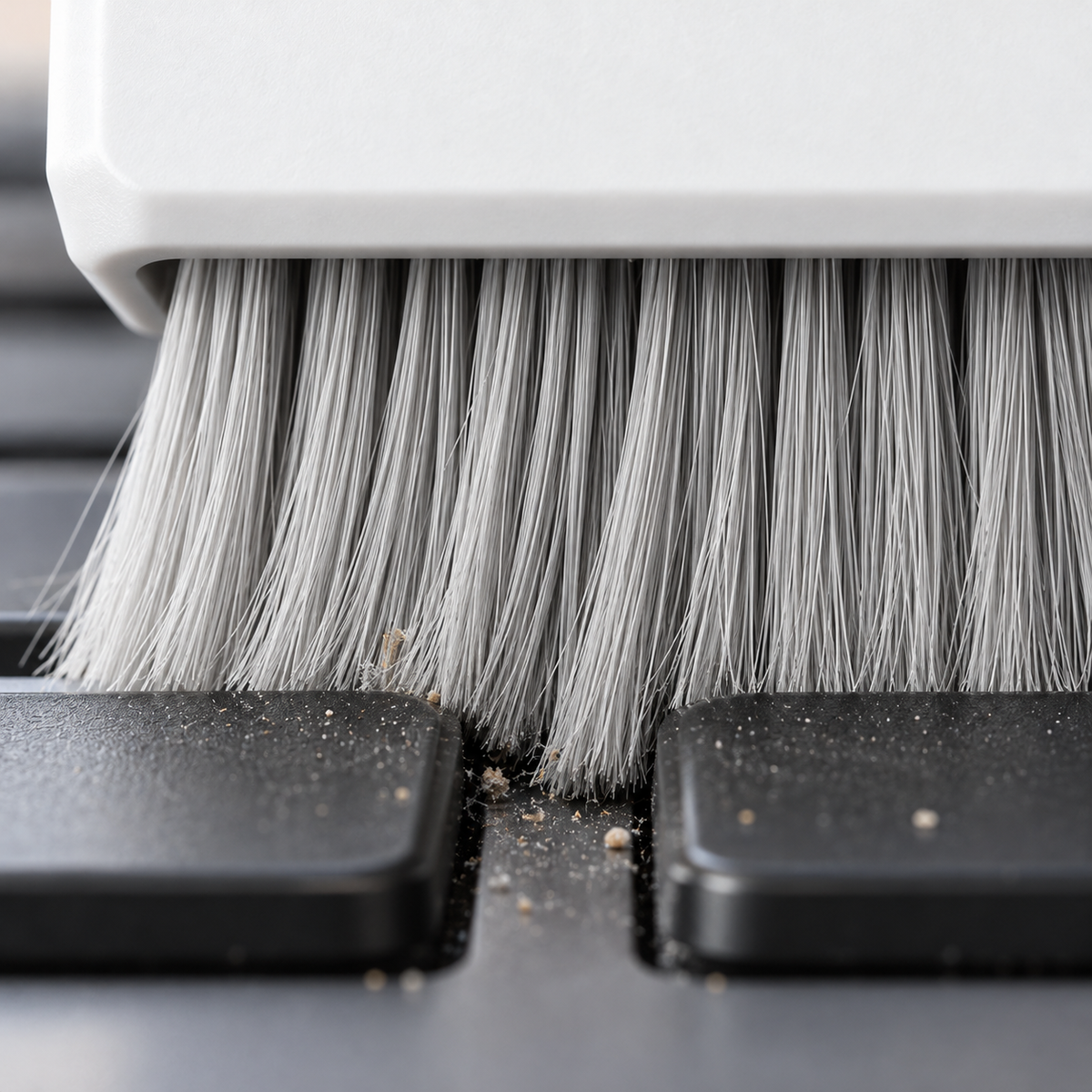 A close view of soft gray bristles reaching down between two dark keyboard keys.