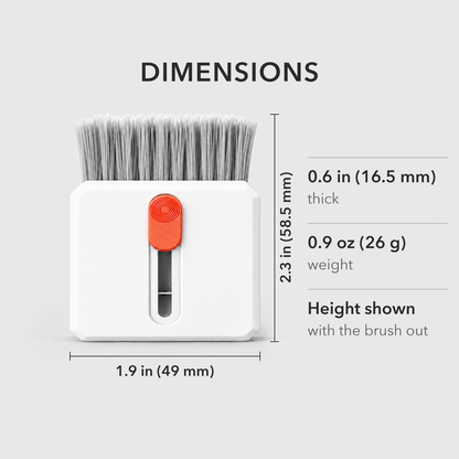 Dimension card: the cleaning brush is 1.9 inches wide, 2.3 inches tall with the brush out, 0.6 inches thick and weighs 0.9 oz.
