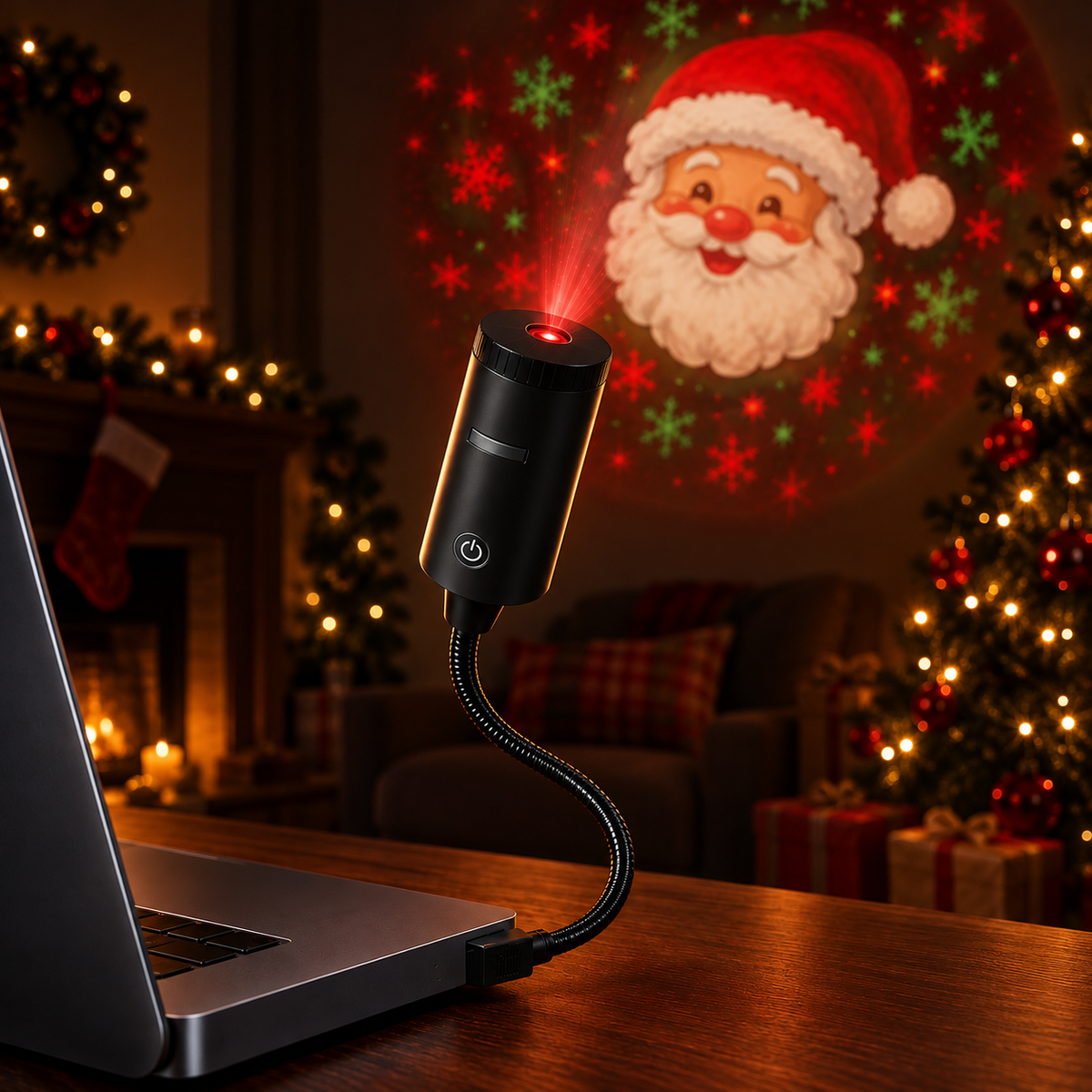 Small black USB Christmas projector on a flexible gooseneck plugged into a laptop, projecting Santa's face onto the wall behind it at night