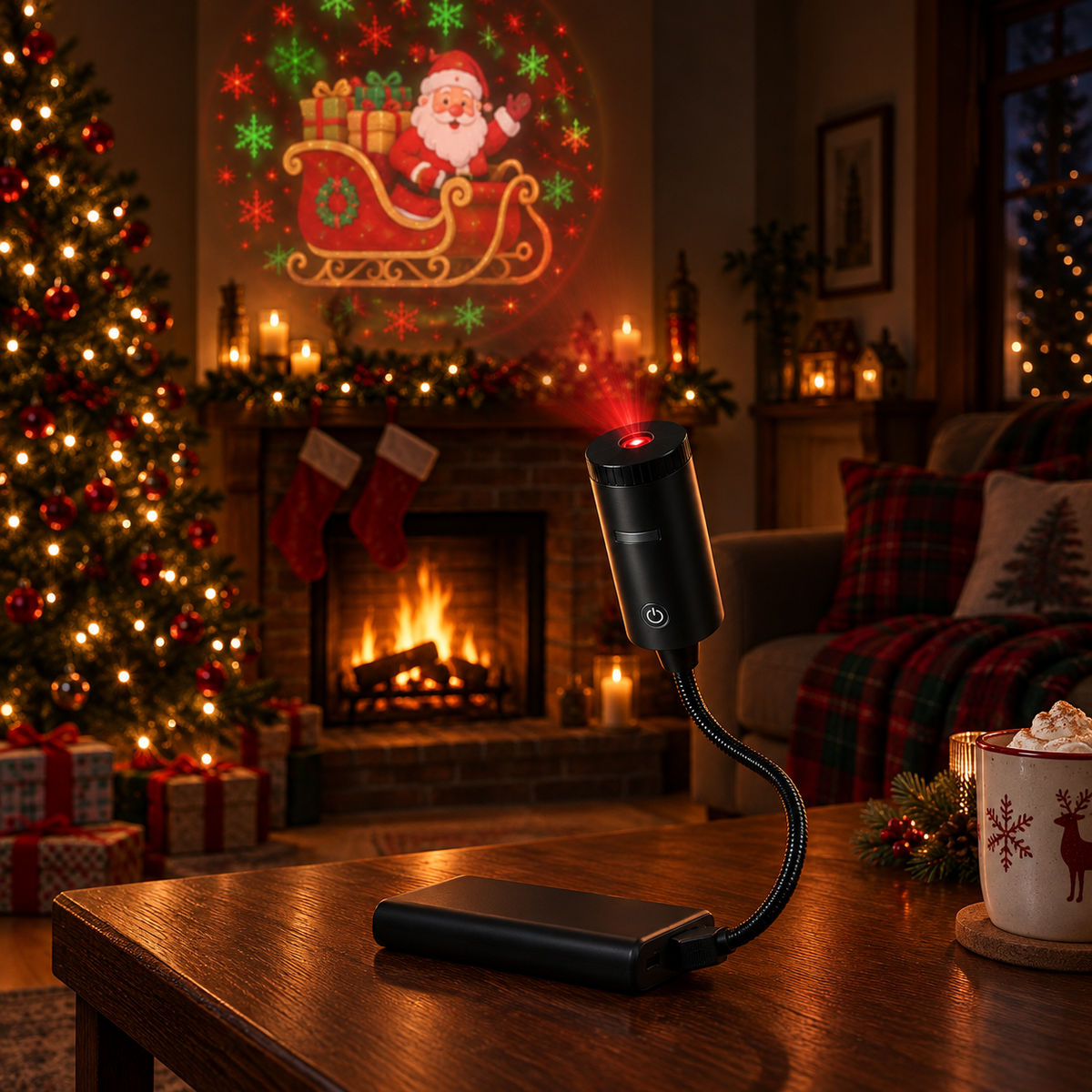Small black USB Christmas projector on a coffee table projecting Santa in his sleigh onto the wall above a fireplace in a living room lit by a Christmas tree