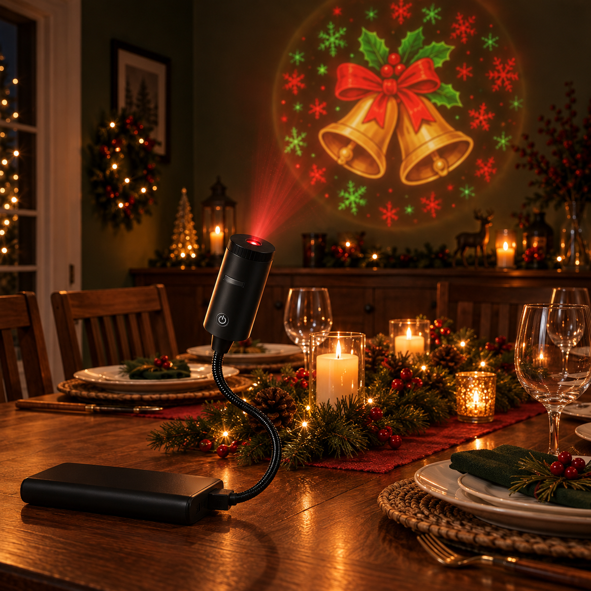 Christmas projector light on a dinner table projecting a pair of golden bells onto the dining room wall