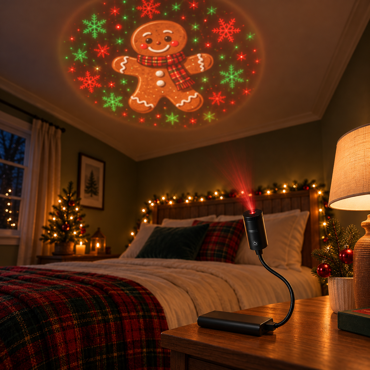 Christmas projector light on a bedside table projecting a gingerbread man onto the bedroom ceiling