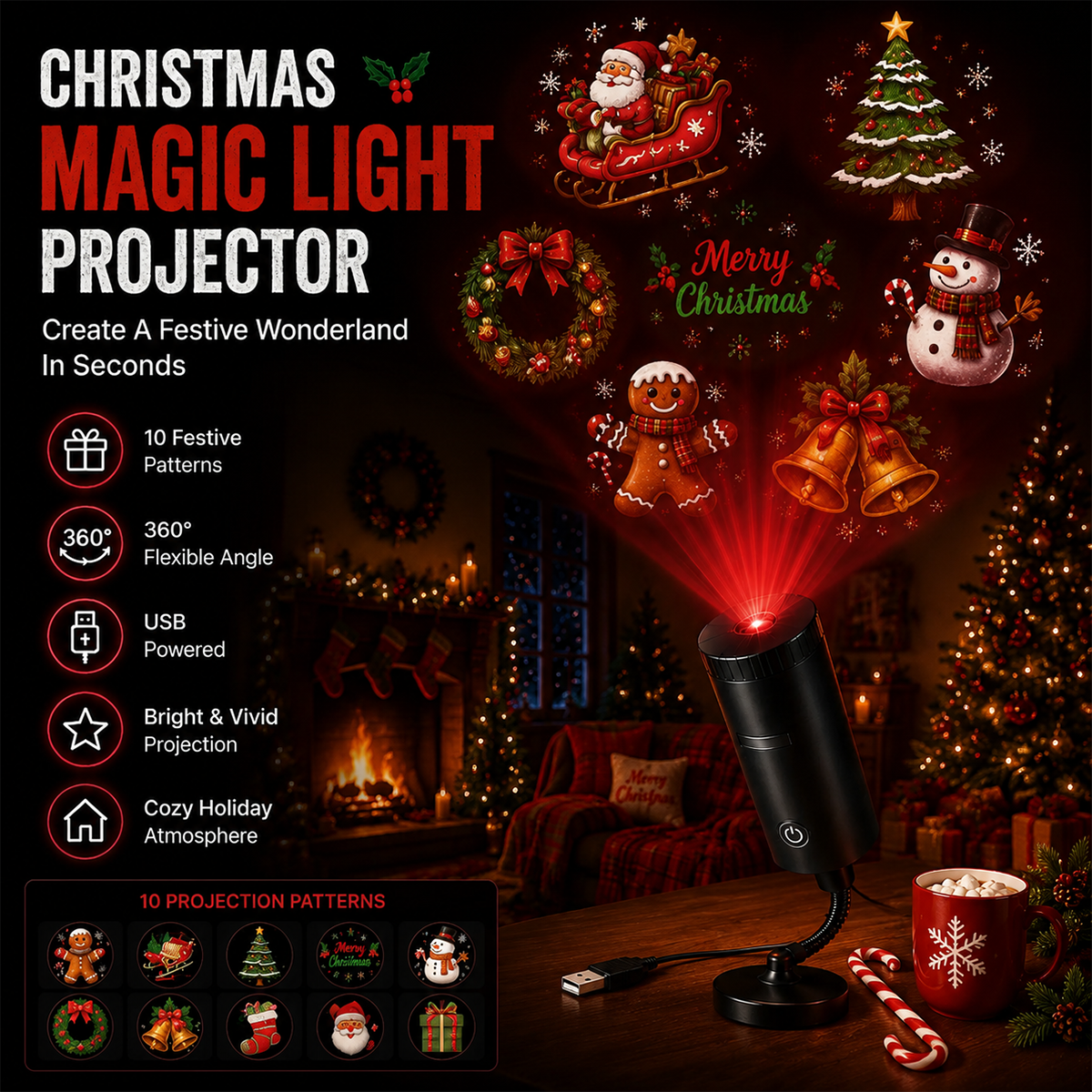 Christmas projector light on a desk beaming Christmas scenes onto a living room wall, with its ten disc patterns shown below