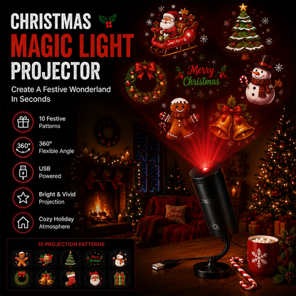 Christmas projector light on a desk beaming Christmas scenes onto a living room wall, with its ten disc patterns shown below