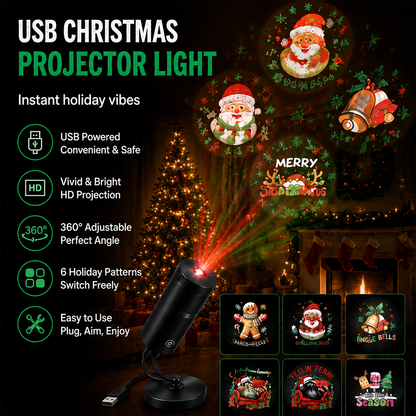 USB Christmas projector light in front of a lit Christmas tree, casting Santa and bells scenes onto the wall
